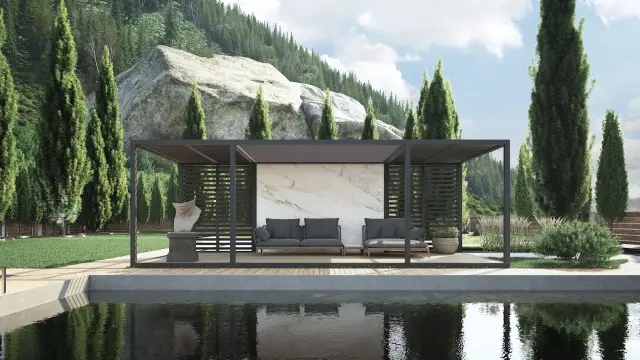 Aluminium overkapping van LuxxOut met vaste lamellenwanden en comfortabele loungeset, geplaatst aan het water in een groene omgeving voor maximale ontspanning.