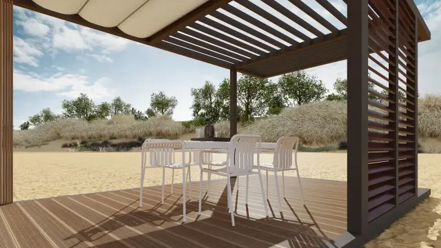 Strakke Pavillion serie overkapping van LuxxOut met vouwdak en lamellenwand, geplaatst op het strand voor schaduw en comfort in een natuurlijke setting.