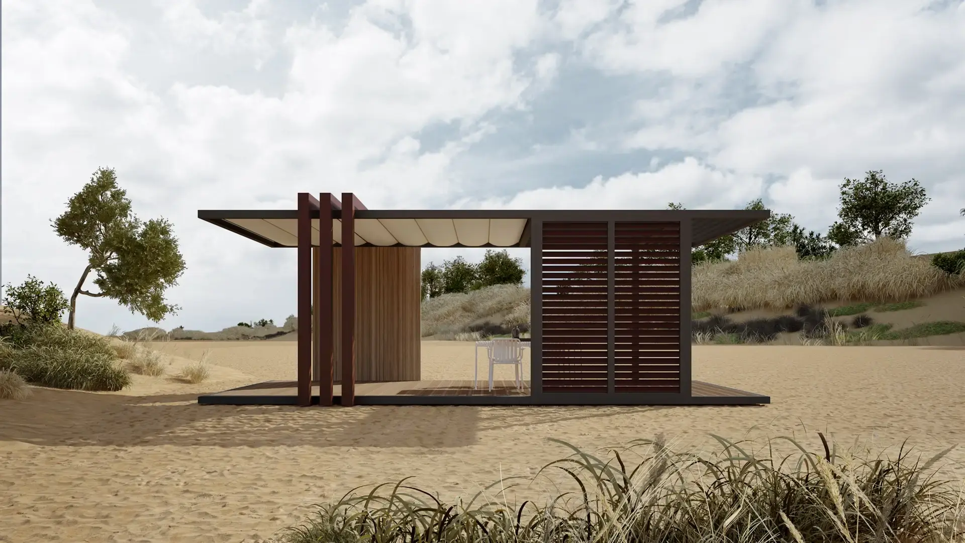 Pavillion Series buitenverblijf van LuxxOut met vouwdak en vaste zijpanelen, ideaal als stijlvolle schuilplek in een natuurlijke strandomgeving.