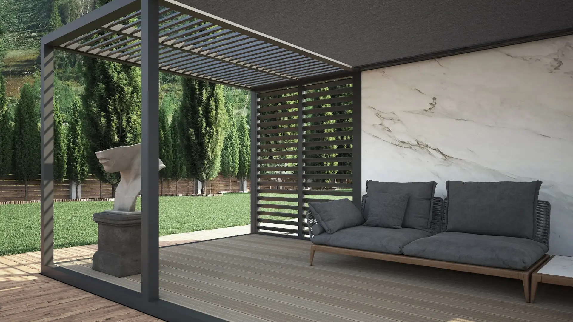 Pavillion Serie buitenruimte van LuxxOut met lamellenwand en strak design, perfect voor ontspannen loungen in een groene omgeving.